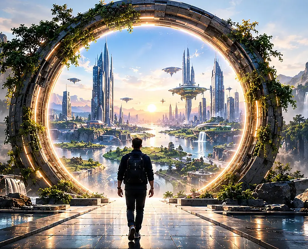A traveller walks through a vine-covered stone ring toward a future city on the water