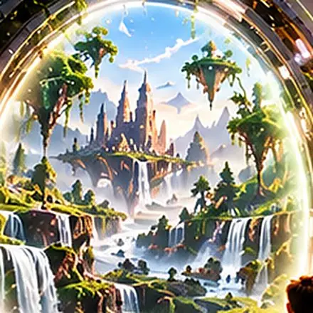 Waterfalls and floating temple islands inside a glowing ring