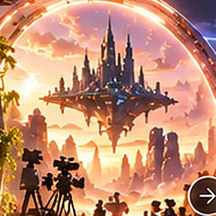A film crew with cameras beneath a floating castle at golden hour