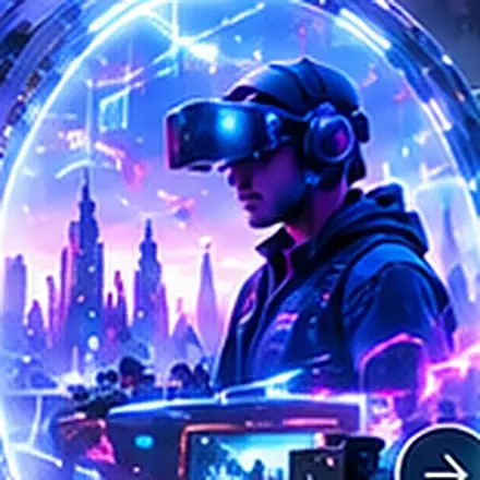 A creator in a VR headset working at a holographic console