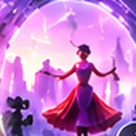 A dancer in a red costume performing inside a violet portal