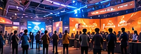 Crowds on an expo floor under large screens