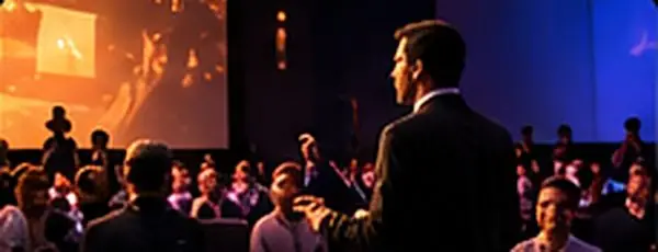 A speaker on stage addressing an audience
