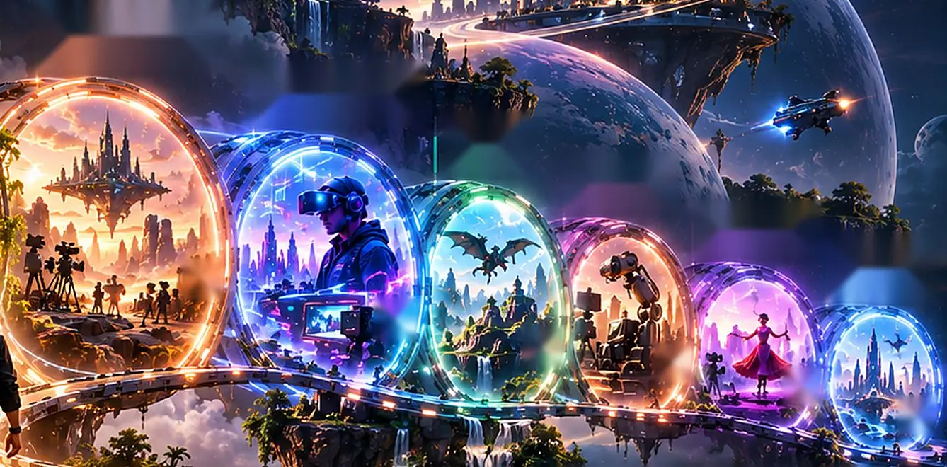 A corridor of glowing portals over floating islands